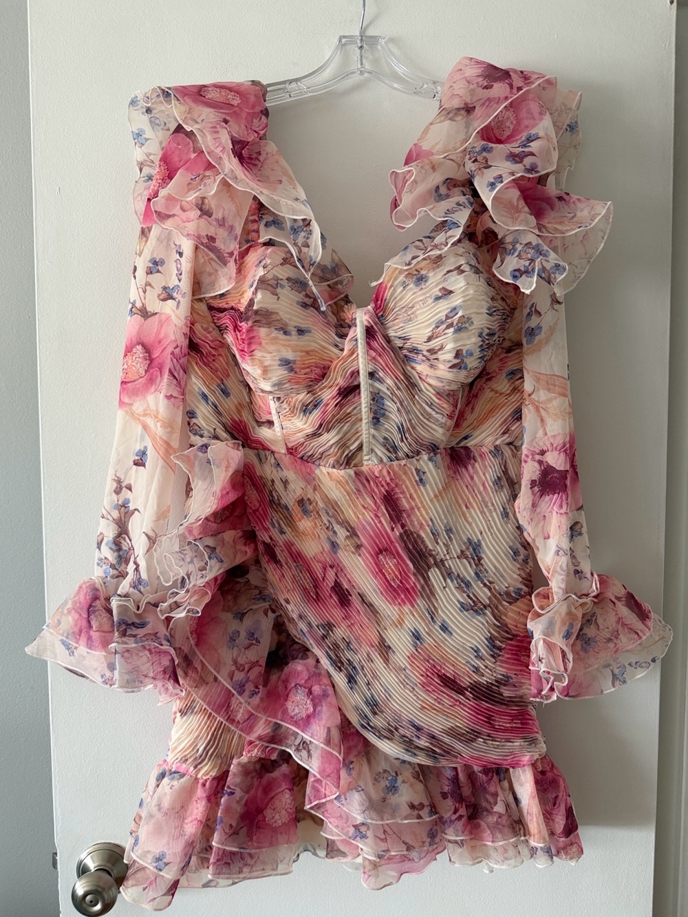 ASOS LUXE Organza Ruffle Ruched Long Sleeve Floral Mini Dress Size 14 Romantic